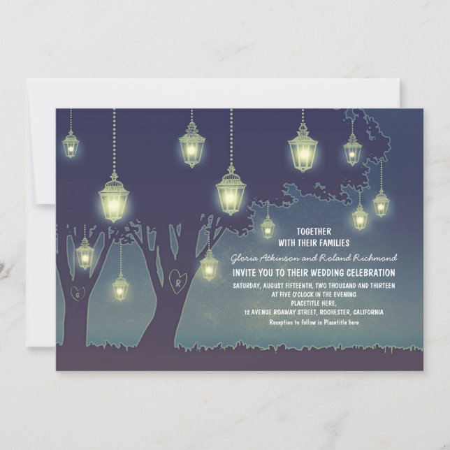 Dusty Blue Lantern Lights Tree Wedding Einladung (Vorderseite)