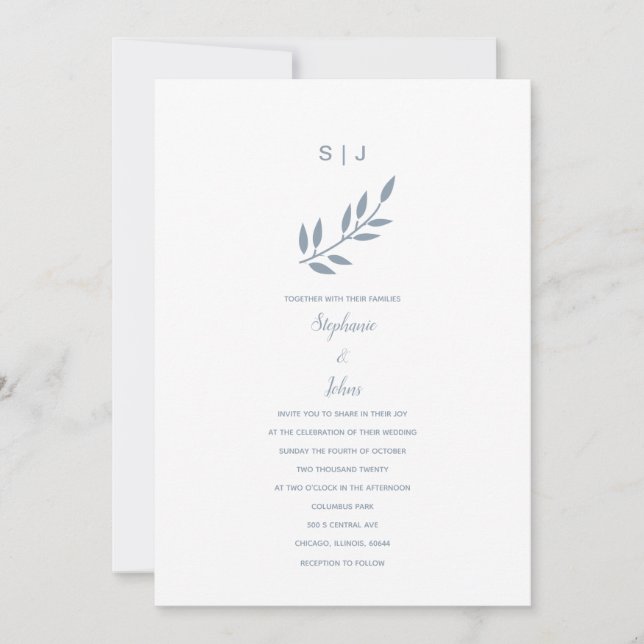 Dusty Blue Leaf Monogram Name Simple Wedding 2024 Einladung (Vorderseite)