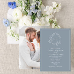 Dusty Blue Leafy Crest Monogram Photo Wedding Einladung
