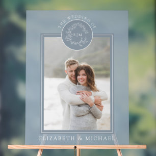 Dusty Blue Leafy Wappen Monogram Foto Wedding Acrylschild