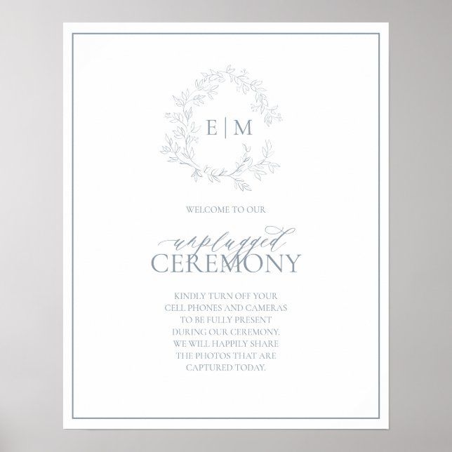 Dusty Blue Leafy Wappen Monogram Unplugged Wedding Poster (Vorne)