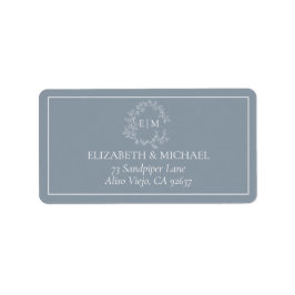 Dusty Blue Leafy Wappen Monogram Wedding Address Adressaufkleber