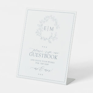 Dusty Blue Leafy Wappen Monogram Wedding Guestbook Sockelschild