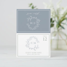 Dusty Blue Leafy Wappen Monogram Wedding Platzkart RSVP Karte