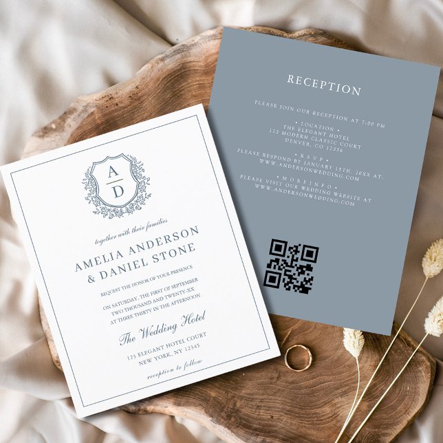 Dusty Blue Leafy Wappen Monogram Wedding QR Code Flyer (Von Creator hochgeladen)