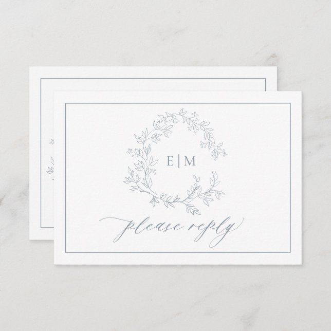 Dusty Blue Leafy Wappen Monogram Wedding RSVP Card (Vorne/Hinten)