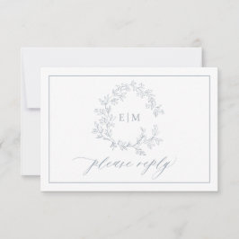 Dusty Blue Leafy Wappen Monogram Wedding RSVP Card