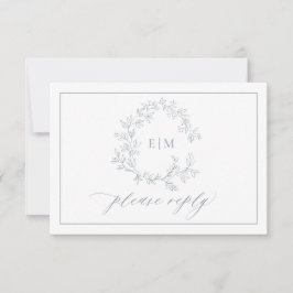 Dusty Blue Leafy Wappen Monogram Wedding RSVP Card Karte