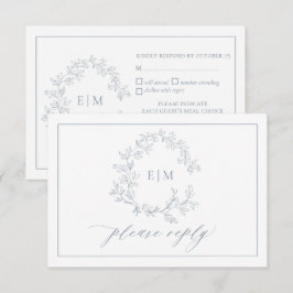 Dusty Blue Leafy Wappen Monogram Wedding RSVP Card Karte