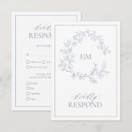 Dusty Blue Leafy Wappen Monogram Wedding RSVP Card Karte