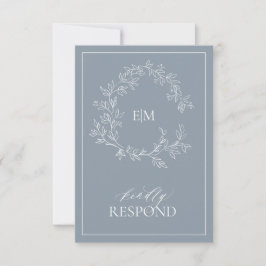 Dusty Blue Leafy Wappen Monogram Wedding RSVP Card Karte