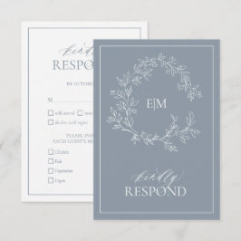 Dusty Blue Leafy Wappen Monogram Wedding RSVP Card Karte