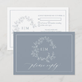 Dusty Blue Leafy Wappen Monogram Wedding RSVP Card Karte