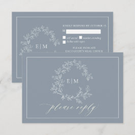 Dusty Blue Leafy Wappen Monogram Wedding RSVP Card Karte