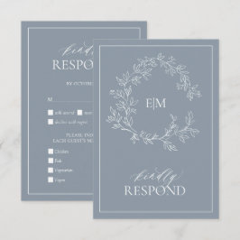 Dusty Blue Leafy Wappen Monogram Wedding RSVP Card Karte
