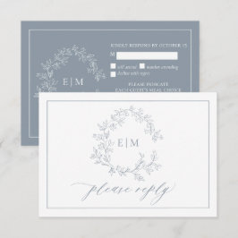 Dusty Blue Leafy Wappen Monogram Wedding RSVP Card Karte