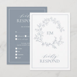 Dusty Blue Leafy Wappen Monogram Wedding RSVP Card Karte