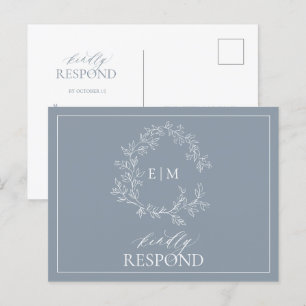 Dusty Blue Leafy Wappen Monogram Wedding RSVP Einladungspostkarte