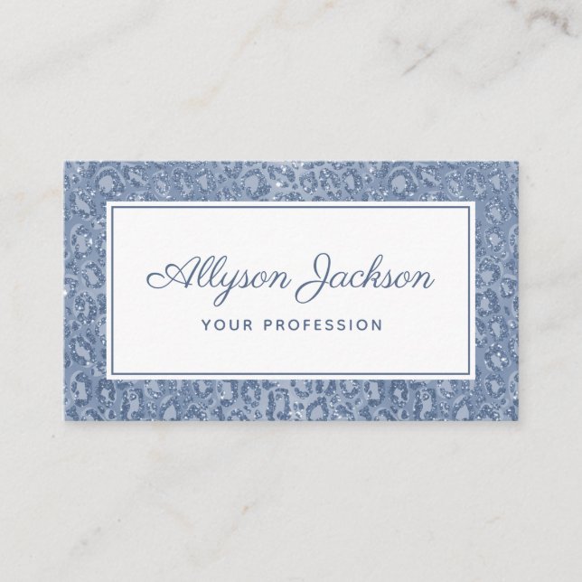 Dusty Blue Leopard Glitzer Business Card Visitenkarte (Vorderseite)
