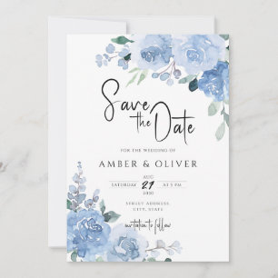 Dusty Blue Light Blue Floral Blätter Save the Date Einladung