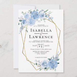 Dusty Blue Light Floral Gold Geometric Wedding Einladung
