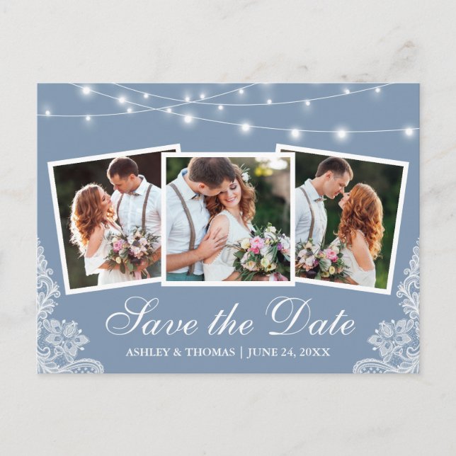 Dusty Blue Lights Lace 3 Foto Save the Date Postkarte (Vorderseite)