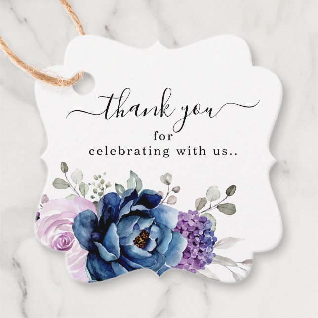 Dusty Blue Lila Blooms Wedding Vielen Dank Geschenkanhänger (Vorderseite)