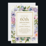 Dusty Blue Lila Floral Gold 60. Geburtstag Einladung<br><div class="desc">Elegante dustig blaue und lila Aquarellblütenfrauen zum 60. Geburtstag mit grünen Blätter und Goldrahmen. Text ist vollständig anpassbar,  sodass diese Karte für jedes Alter geändert werden kann.</div>