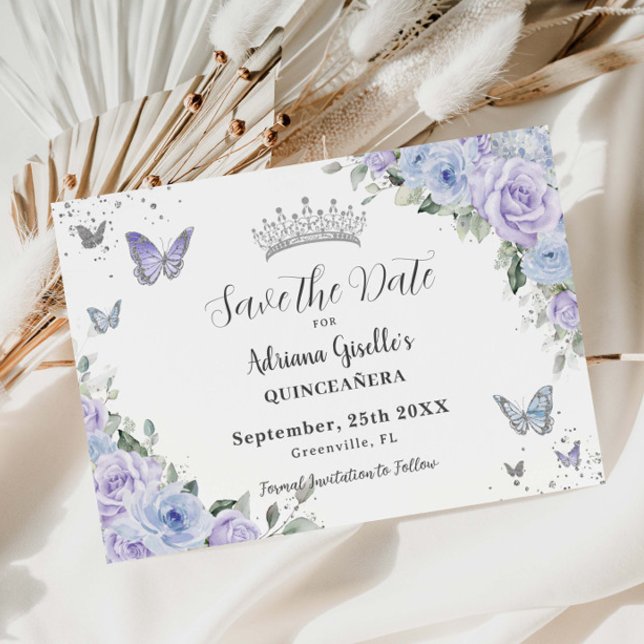 Dusty Blue Lila Floral Silver Quinceañera 16. Save The Date (Von Creator hochgeladen)