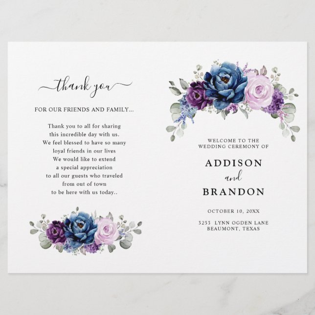 Dusty Blue Lila Lilac Blooms Wedding Program (Vorderseite)