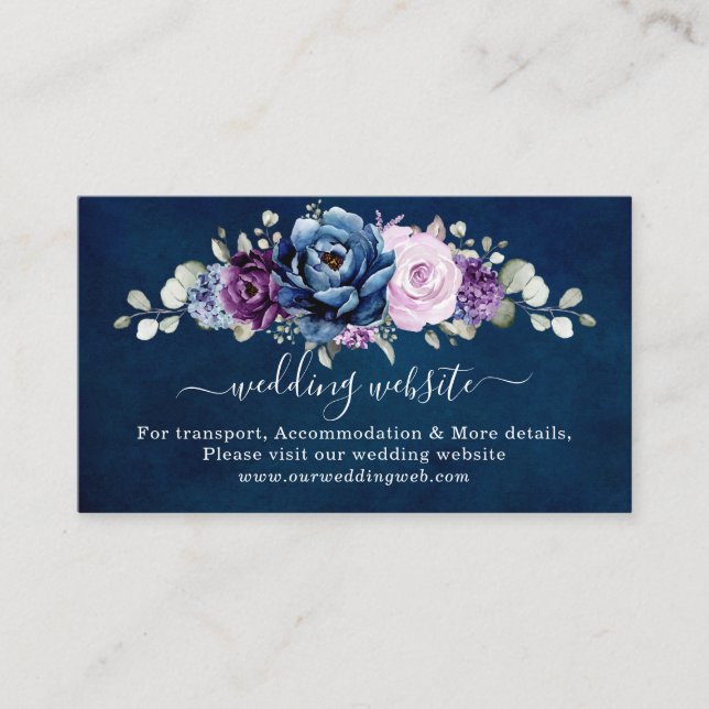 Dusty Blue Lila Navy Lilac Bloom Wedding Website Begleitkarte (Vorderseite)