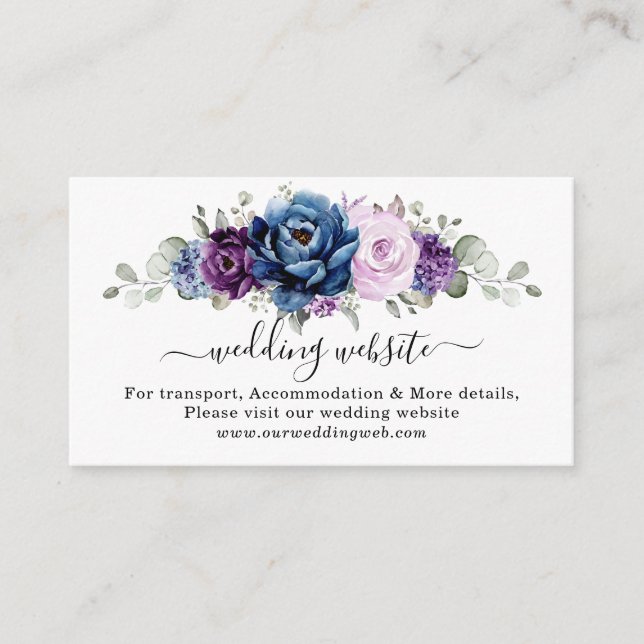 Dusty Blue Lila Navy Lilac Bloom Wedding Website Begleitkarte (Vorderseite)