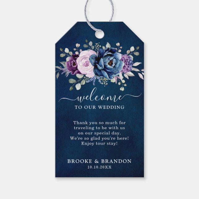 Dusty Blue Lila Navy Lilac Bloom Wedding Willkomme Geschenkanhänger (Vorderseite)