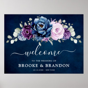Dusty Blue Lila Navy Lilac Bloom Wedding Willkomme Poster