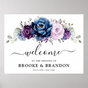 Dusty Blue Lila Navy Lilac Bloom Wedding Willkomme Poster