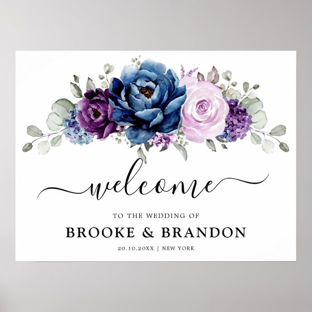 Dusty Blue Lila Navy Lilac Bloom Wedding Willkomme Poster (Vorne)