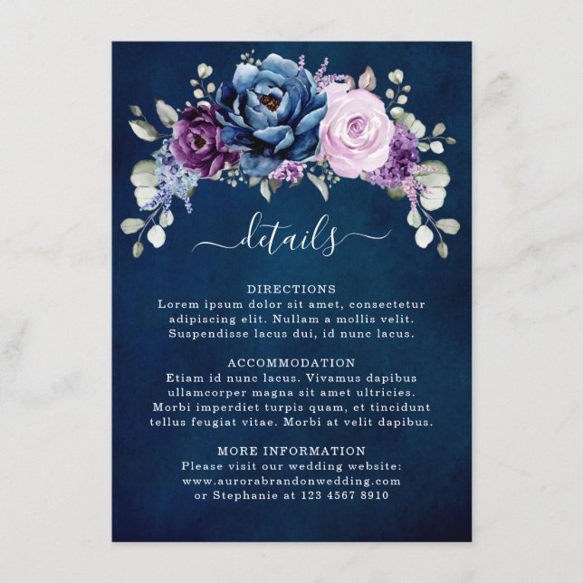 Dusty Blue Lila Navy Lilac Blooms Hochzeitdetails Begleitkarte (Vorderseite)