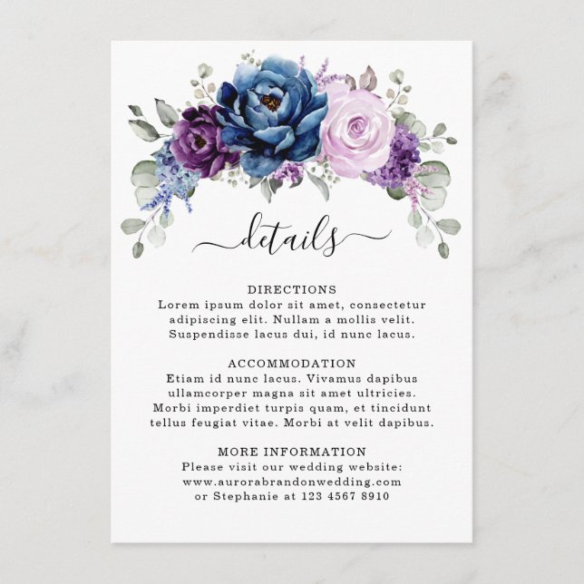 Dusty Blue Lila Navy Lilac Blooms Hochzeitdetails Begleitkarte (Vorderseite)