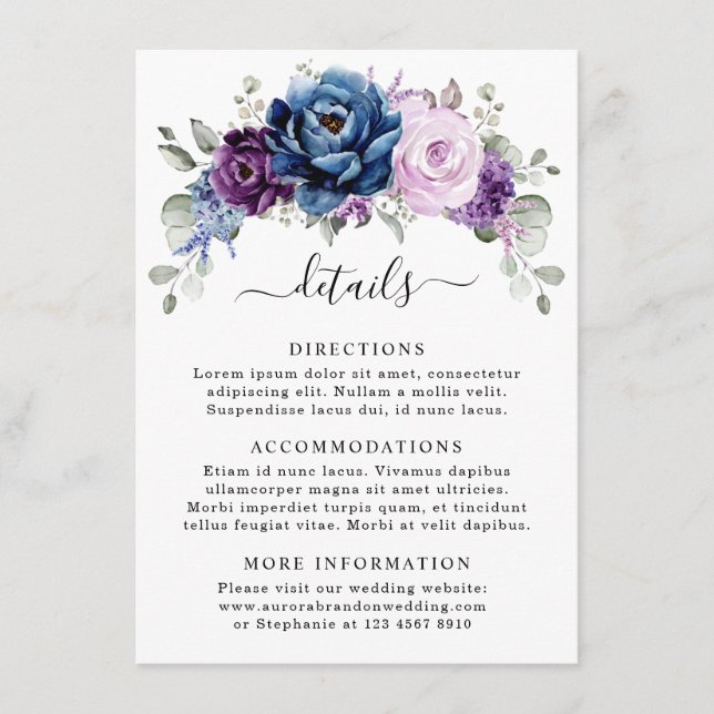 Dusty Blue Lila Navy Lilac Blooms Hochzeitdetails Begleitkarte (Vorderseite)