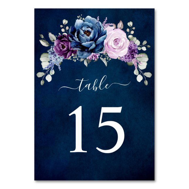 Dusty Blue Lila Navy Lilac Blooms Hochzeitstisch Tischnummer (Vorderseite)