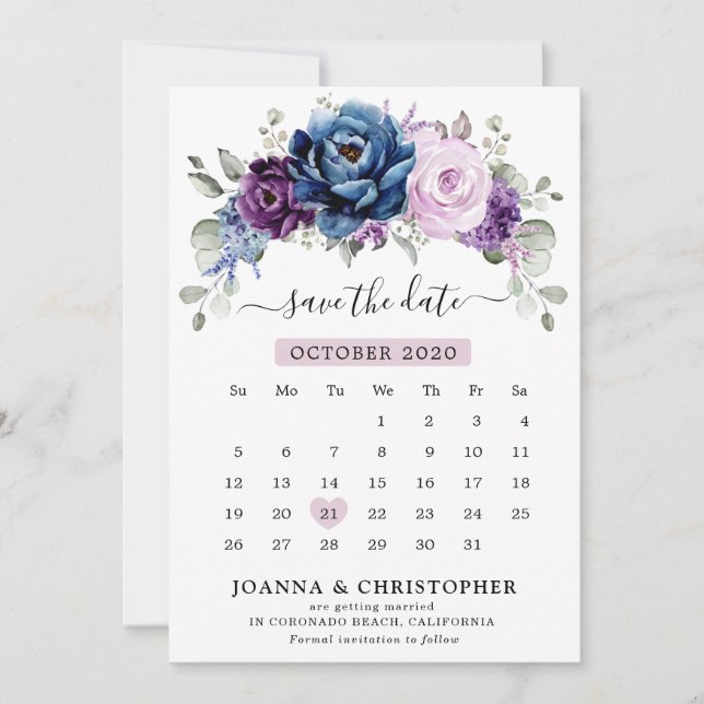 Dusty Blue Lila Navy Lilac Blooms Kalender Save The Date (Vorderseite)