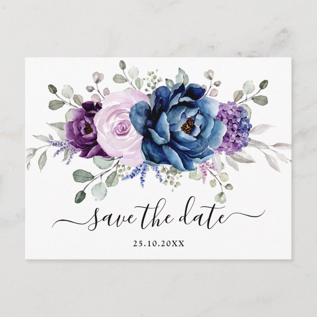 Dusty Blue Lila Navy Lilac Blooms Save the Date Postkarte (Vorderseite)