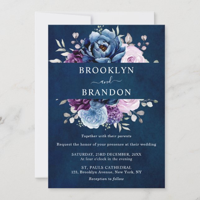 Dusty Blue Lila Navy Lilac Blooms Wedding Invita Einladung (Vorderseite)