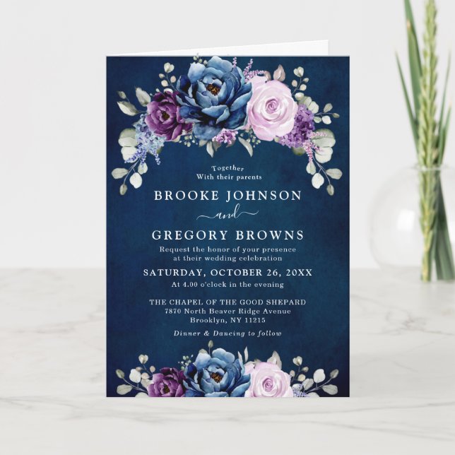 Dusty Blue Lila Navy Lilac Blooms Wedding Invita Einladung (Vorderseite)