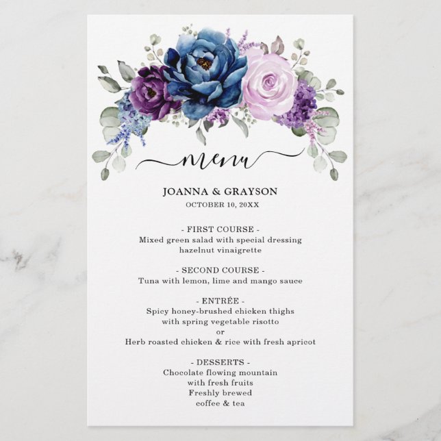 Dusty Blue Lila Navy Lilac Blooms Wedding Menu (Vorderseite)