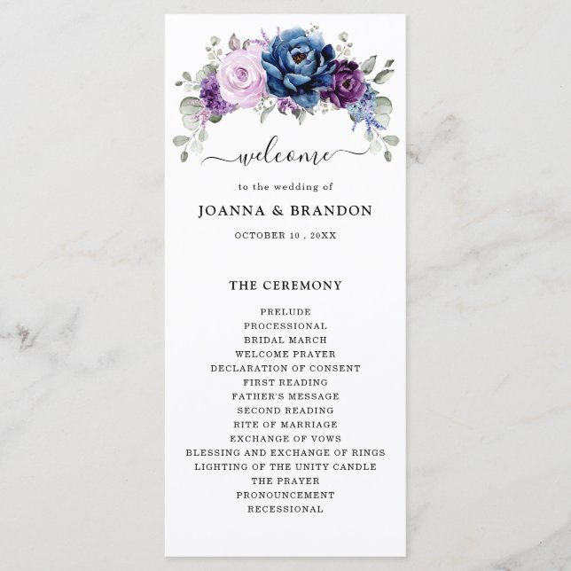 Dusty Blue Lila Navy Lilac Blooms Wedding Programm (Vorderseite)