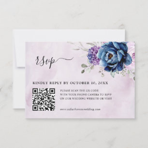 Dusty Blue Lila Navy Lilac Blooms Wedding QR RSVP Karte