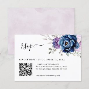 Dusty Blue Lila Navy Lilac Blooms Wedding QR RSVP Karte