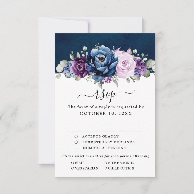 Dusty Blue Lila Navy Lilac Blooms Wedding RSVP C (Vorderseite)