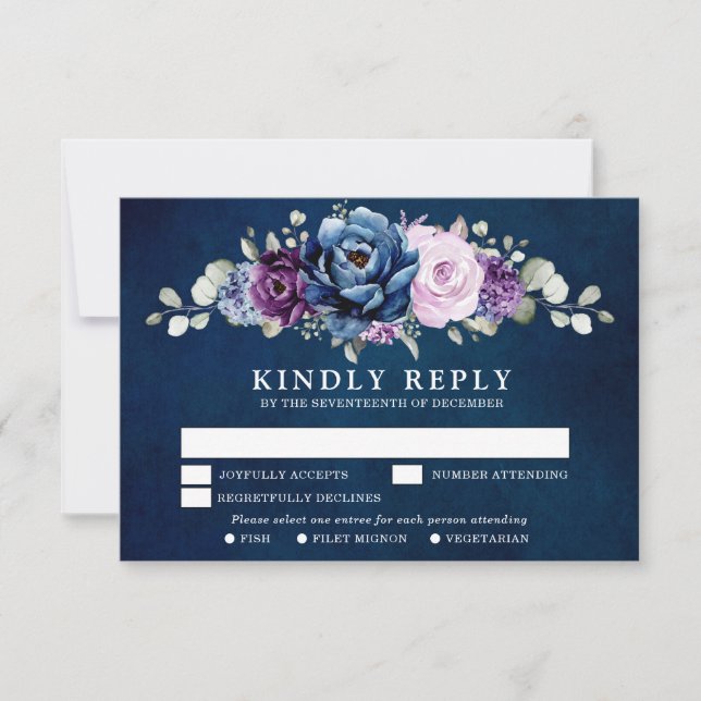 Dusty Blue Lila Navy Lilac Blooms Wedding RSVP C (Vorderseite)